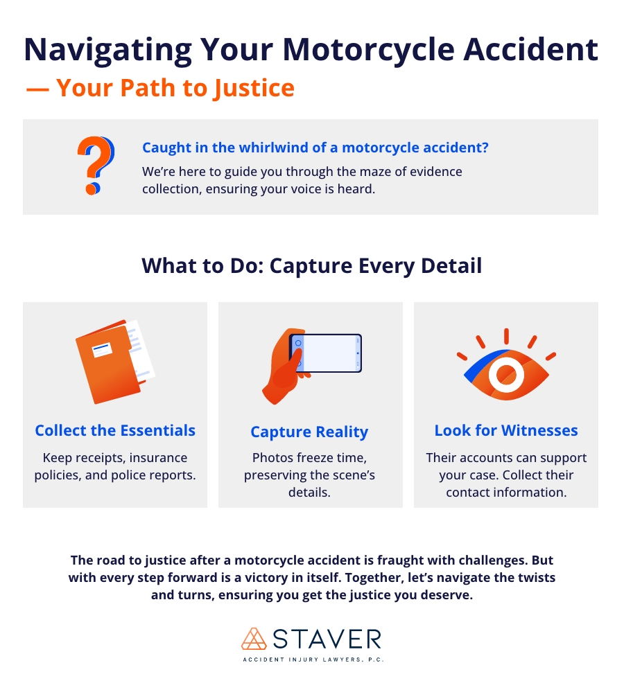 Infographic title: Navigating Your Motorcycle Accident - Your Path to Justice (question mark icon) Caught in the whirlwind of a motorcycle accident? We're here to guide you through the maze of evidence collection, ensuring your voice is heard. What to Do: Capture Every Detail (icon of folder of files) Collect the Essentials. Keep receipts, insurance policies, and police reports. (Icon ofHand holding smartphone with camera open) Capture Reality. Photos freeze time, preserving the scene's details. (Icon of eye) Look for Witnesses. Their accounts can support your case. Collect their contact information. The road to justice after a motorcycle accident is fraught with challenges. But with every step forward is victory in itself. Together, let's navigate the twists and turns, ensuring you get the justice you deserve.